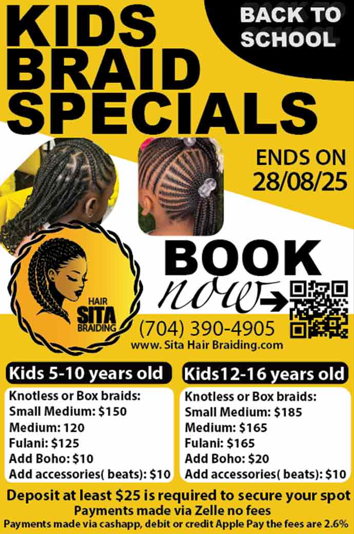 Back to school special deal at Sita Hair Braiding salon in Charlotte, NC